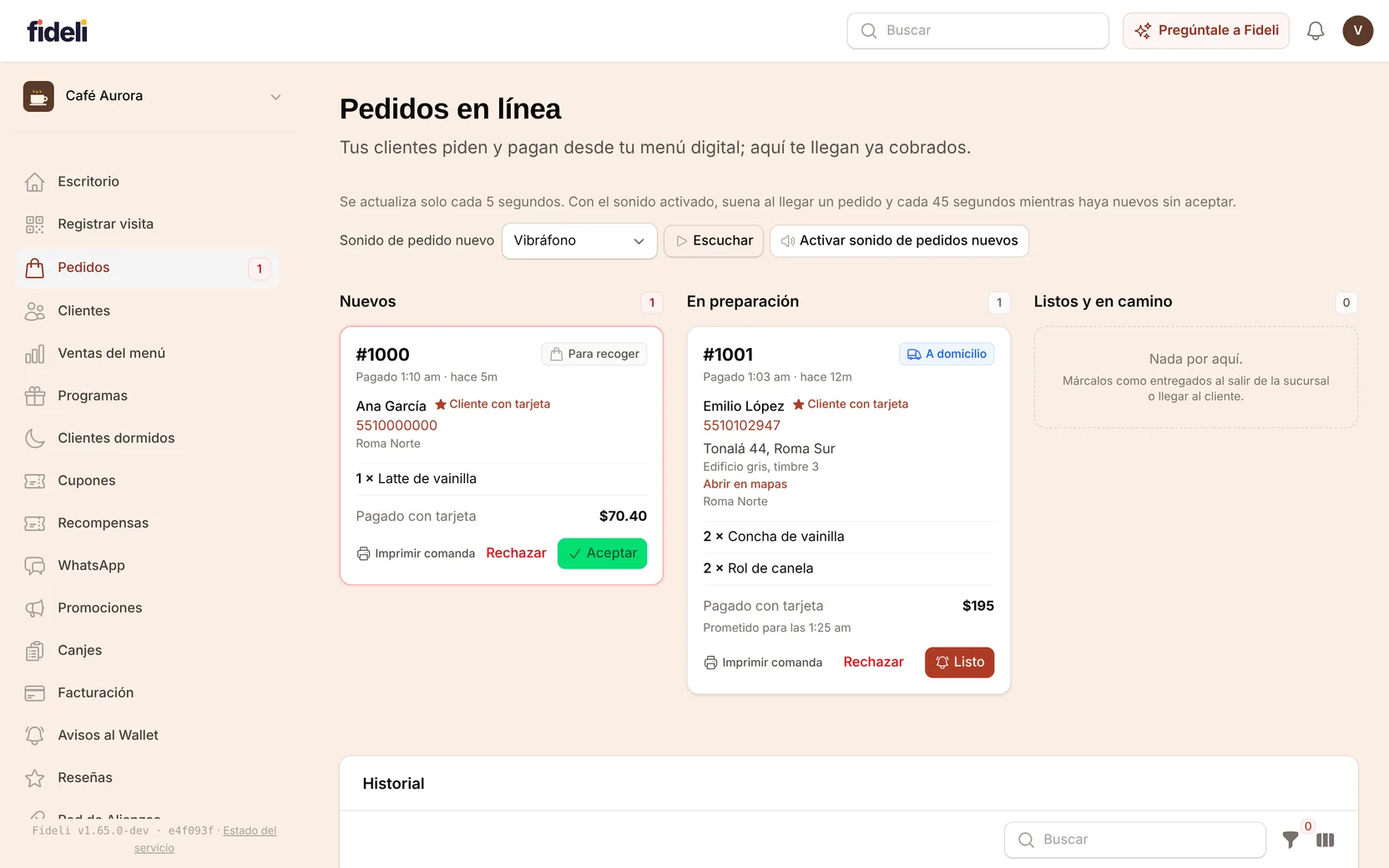 Tablero de pedidos en línea: pedidos nuevos, en preparación y listos, ya pagados con tarjeta