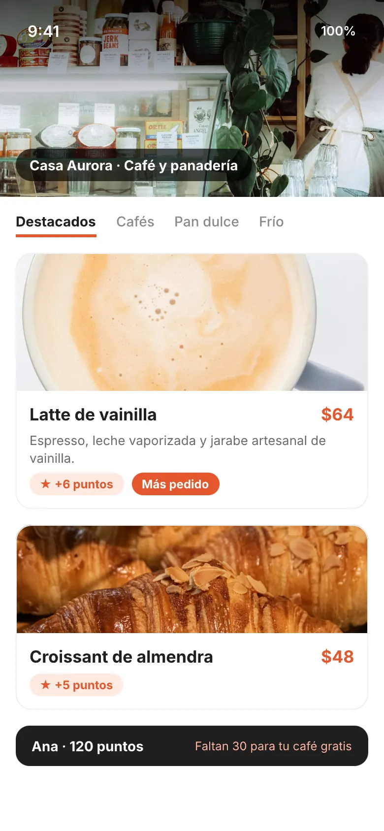 Menú de una cafetería con portada, fotos grandes, precios y puntos por platillo