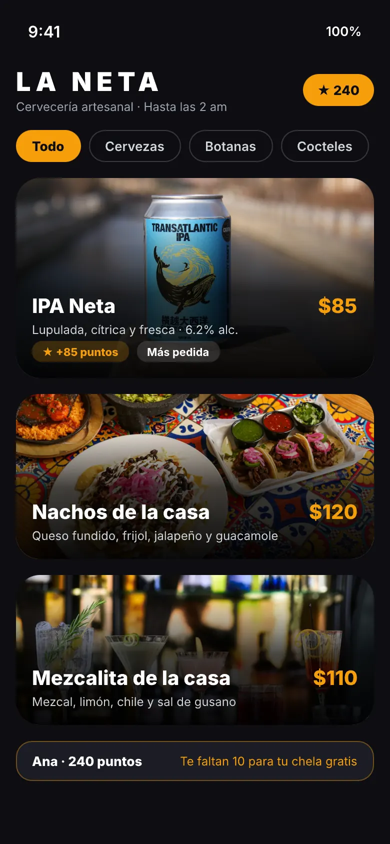 Menú de una cervecería en tema oscuro, con fotos a todo el ancho y precios