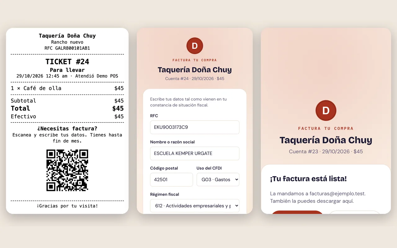 Ticket con el QR para facturar, el formulario con los datos fiscales y la factura lista para descargar